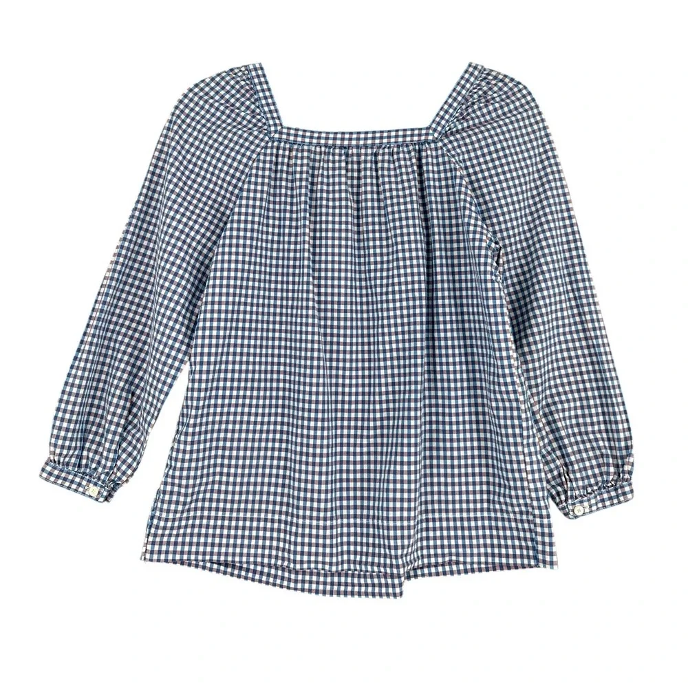 J. Crew Gingham Square Neck Long Sleeve‎ Peasant Blouse Size 2 Blue White